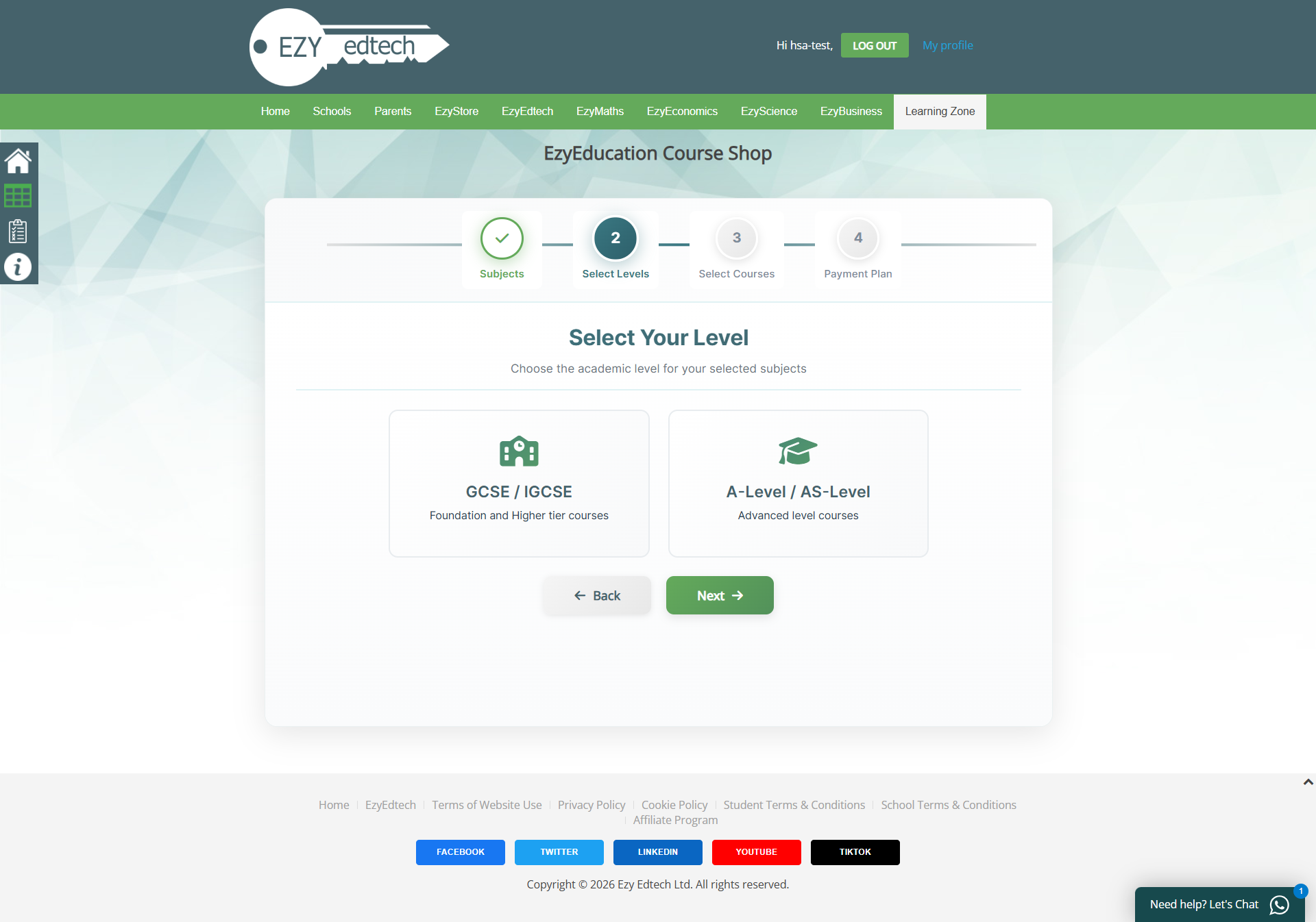 Form Step 2 - Select Levels