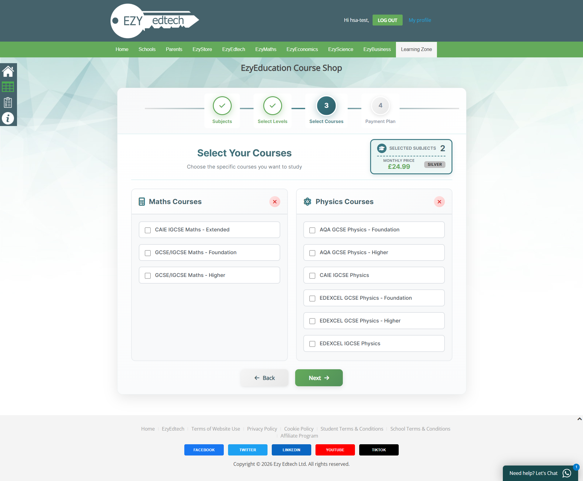 Form Step 3 - Select Courses