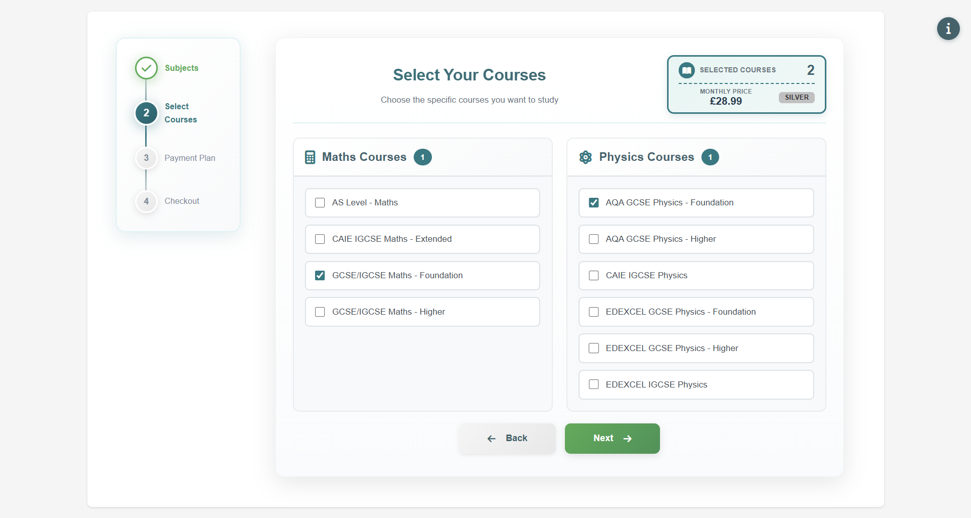 Form Step 2 - Select Subjects